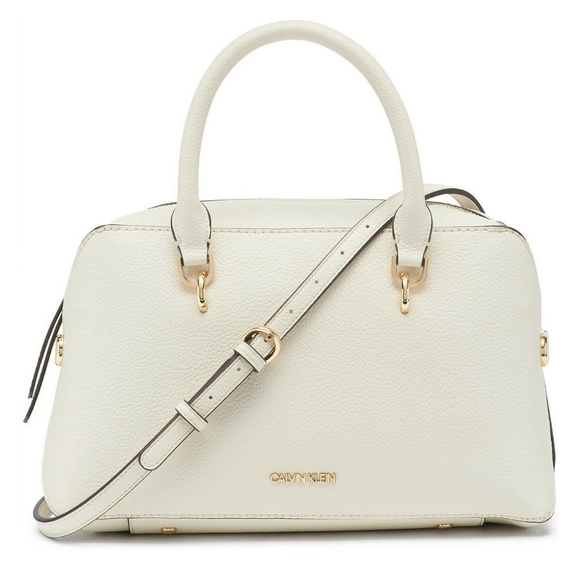Calvin Klein Handbags - Calvin Klein Deandra Pebble Leather Satchel Crossbody Gold Zip Cherub White
